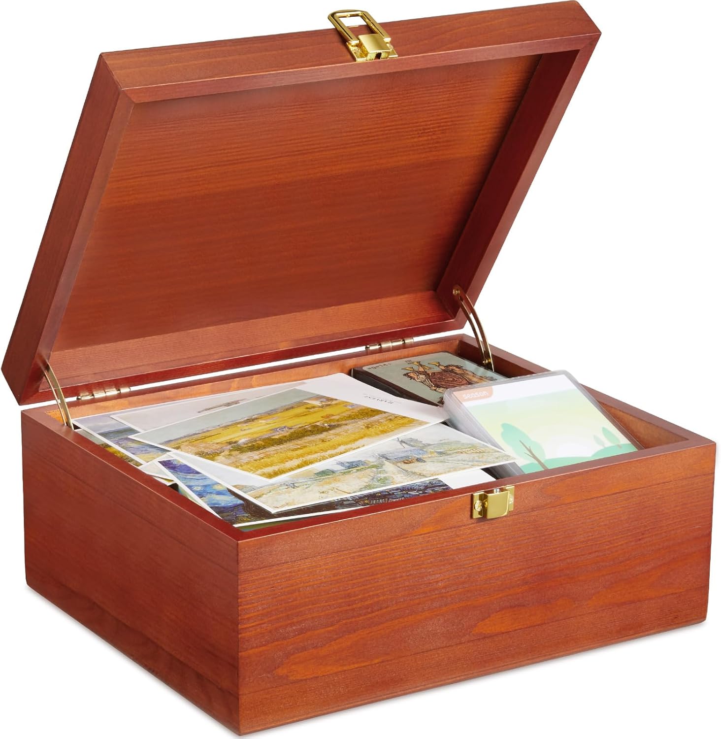 DRASTAR Large Wooden Keepsake Memory Box, Decorative Storage Box with Hinged Lid, Jewelry Gift Box with Lids, Brown