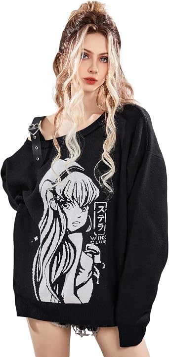 Winx Club Womens Flora Print Pullover Sweaters Long Sleeved Sweaters Casual Fall Sweatshirt Black