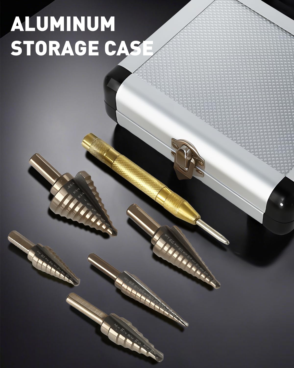 COMOWARE Step Drill Bit Set & Automatic Center Punch- Black and Gold, Double Cutting Blades, High Speed Steel, Short Length Drill Bits Set of 5 pcs, Total 50 Sizes with Aluminum Case
