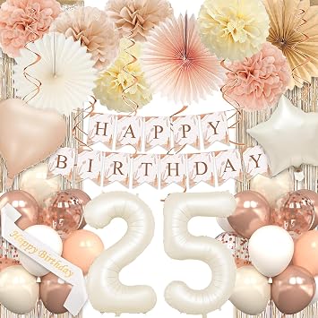 25th Beige Birthday Decorations for Women, White Sand Happy 25th Birthday Party Packs with Happy Birthday Banner, Paper Pom Poms, Boho Beige Cream Balloons for 25 Party Supplies