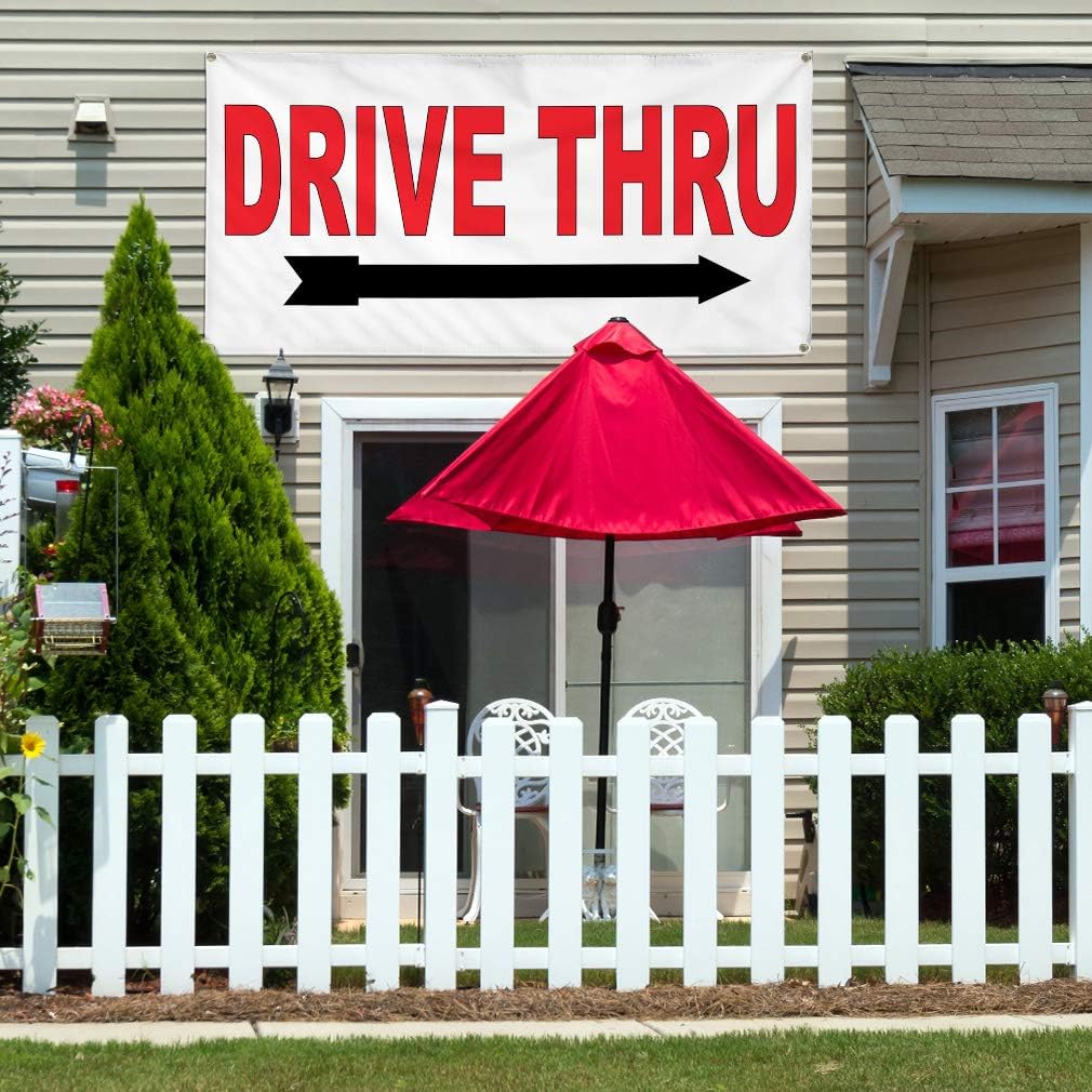 Vinyl Banner Multiple Sizes Drive Thru Red Background Business Outdoor Weatherproof Industrial Yard Signs 4 Grommets 16x40Inches
