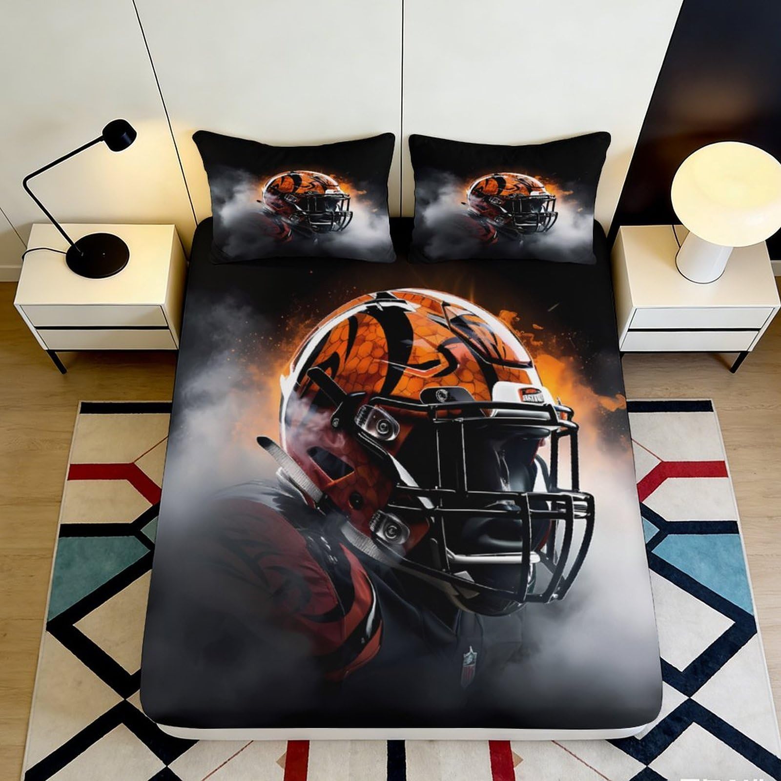 3D Printed American Football Helmet Fitted Sheet Microfiber Soft Breathable Sports Design Mattress Cover for Bedroom Dormitory Guest Room 160x200x25cm
