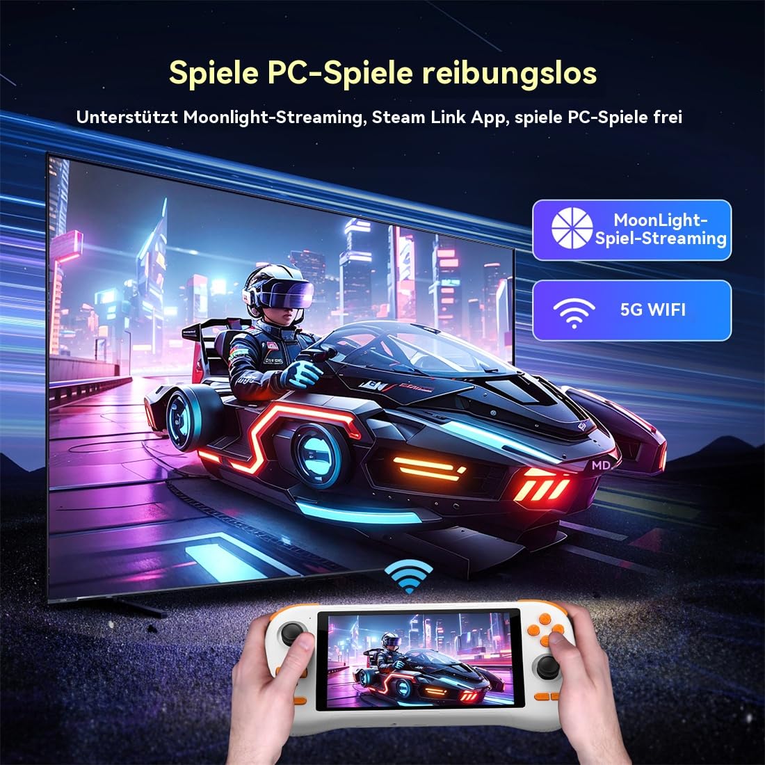 K56 Handheld Spielkonsole – 5,5" FHD Touchscreen, Android 14, 5000mAh Akku, Moonlight & Steam Link, Retro & PC Spiele, 5G WiFi, Dual Joysticks (Schwarz, 128, GB)