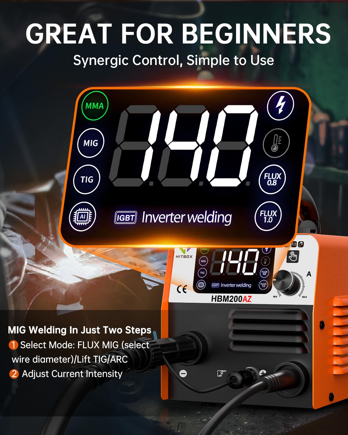 HITBOX 3 in 1 Fülldraht Schweißgerät, 140A Kompakter Inverter Schweißgerät mit Schweißen ohne Schutzgas mit Synergischem Drahtvorschub(HBM200)