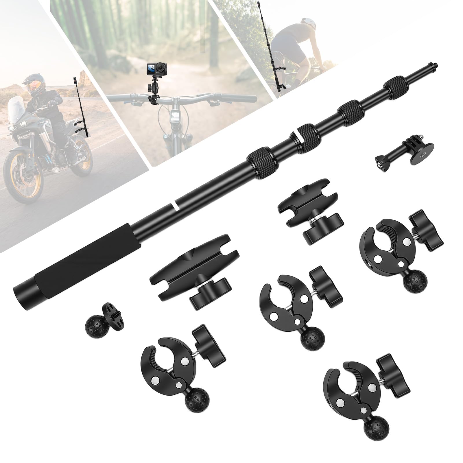 Kit di Supporto per Moto Bici, Invisibile per action camera da manubrio con selfie stick regolabile da 150 cm e doppio morsetto, montaggio per manubrio Compatibile Insta 360 X4 X5 X3