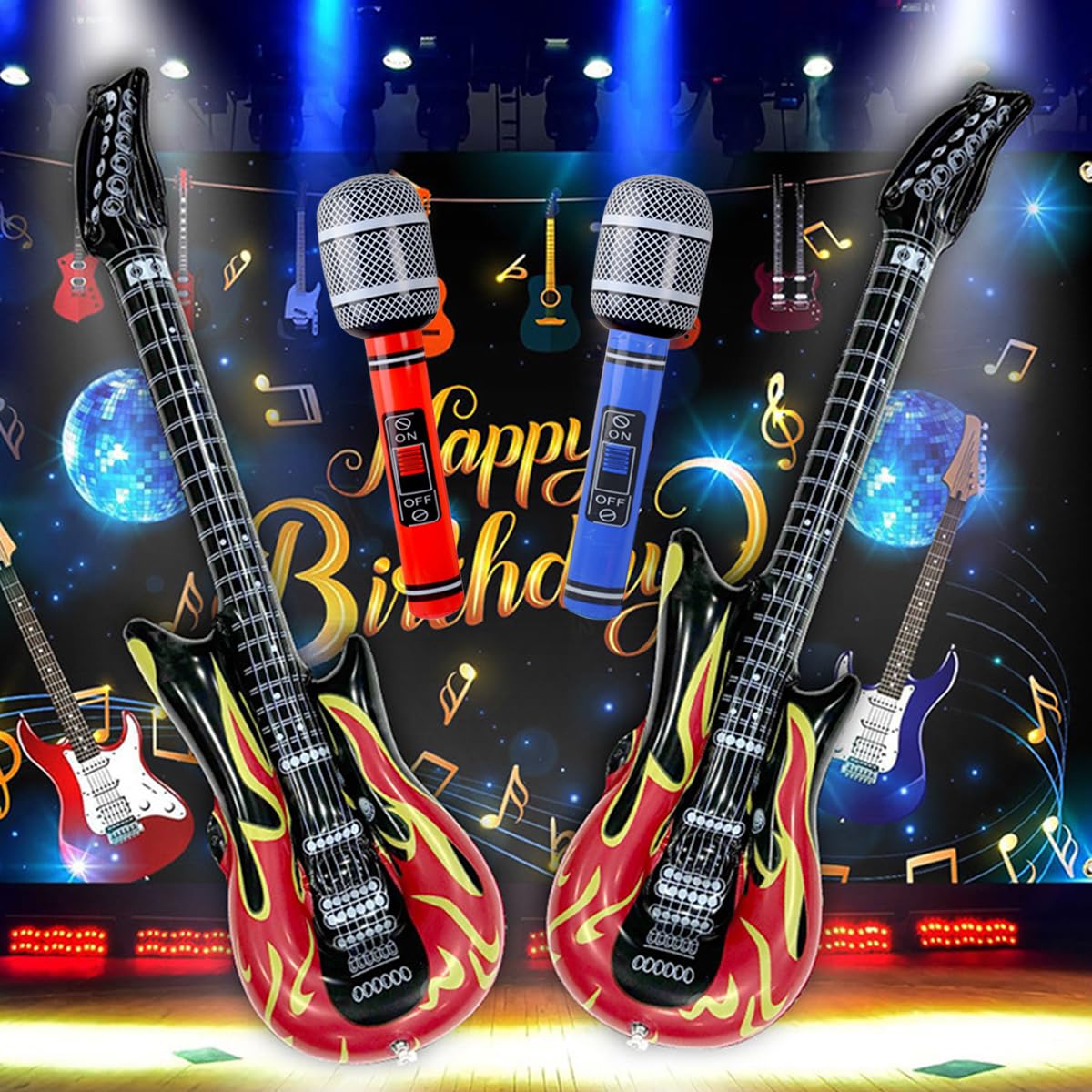 4 Pezzi Chitarre gonfiabili,2 Pezzi Microfoni gonfiabili,Chitarra Gonfiabile Rock per Bambini,Strumenti Gonfiabili 100cm,per Carnevali,Festa Compleanno Favori Decorazione (4+2PCS)