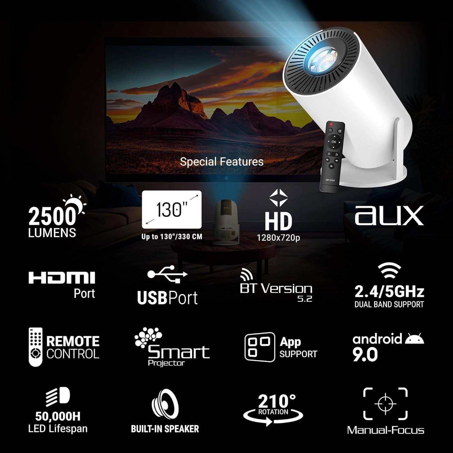 Portable Mini Projector, 4K 1080P Full HD Projector, Support Video Projector, WiFi 5G BT 5.0, Cinema Projector 180° Can Be Rotated, Android 11, Compatible with TV Stick for Adult's, Home Cinema, Compatible with Smartphone/Laptop/PS4/Firestick A78 — Amazon image 8
