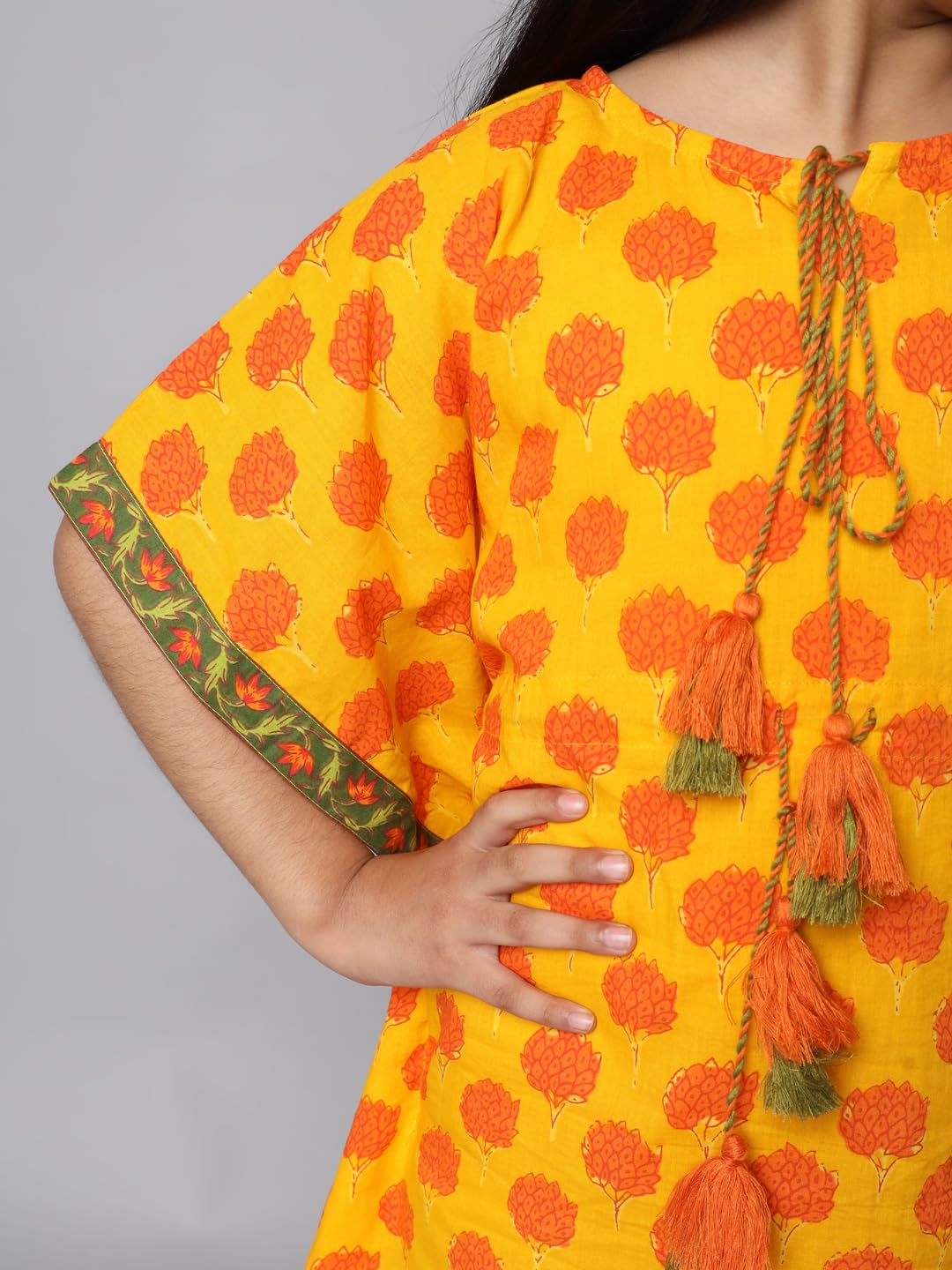 FABRIC FITOOR Girls Cotton Yellow Colour Floral Print KaftanTop (5/6y) 3