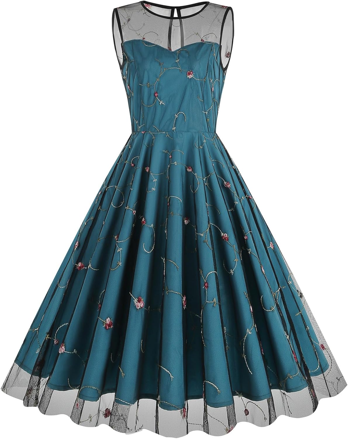 Women's Flower Embroidery Tulle Prom Dresses Floral Embroidered Tulle Dress for Women Homecoming Dresses Mesh Floral Dresses Short Vintage Cocktail Dress Knee Length Tea Dress Peacock Blue-Floral L