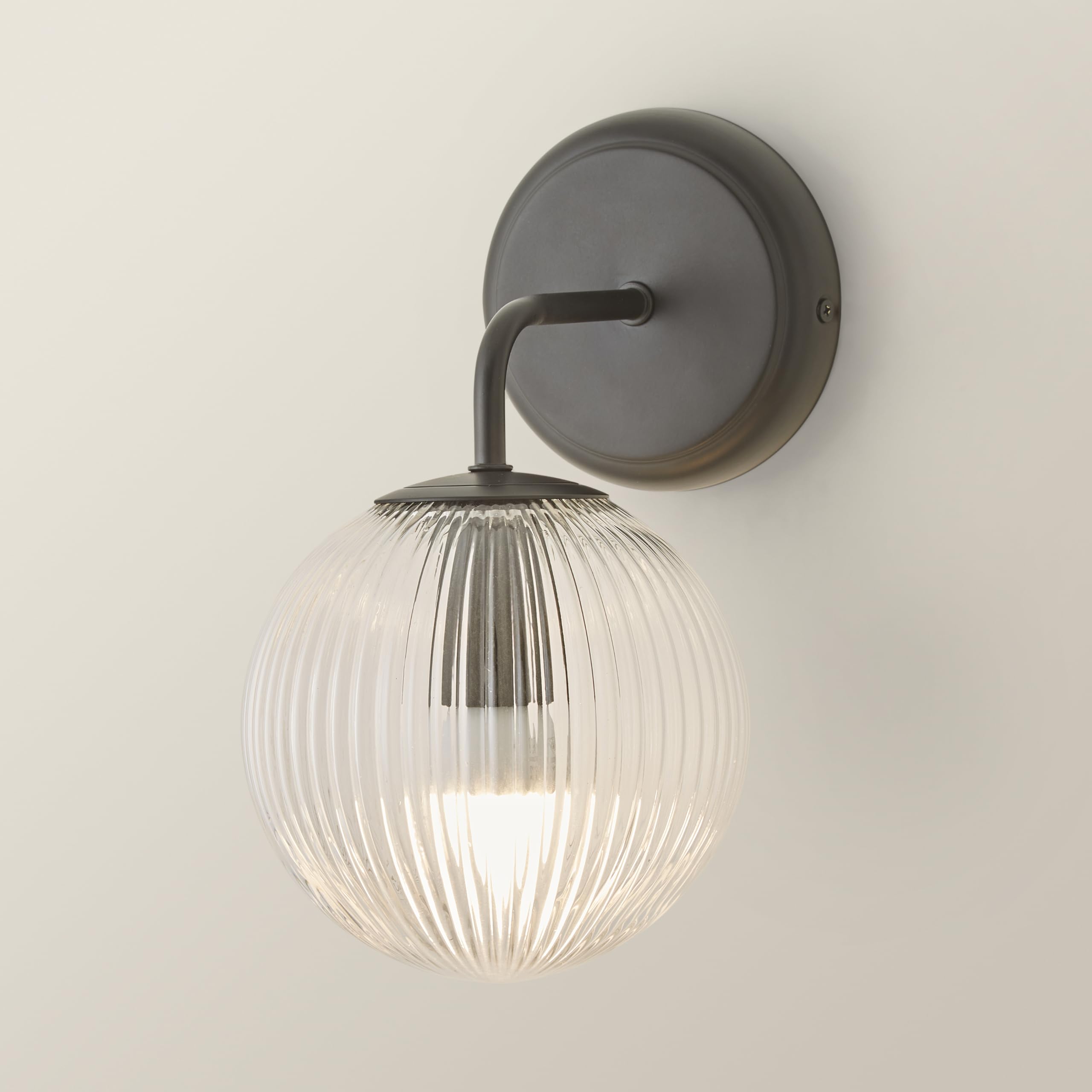 ValueLights | Kempton Pair of Matte Black Ribbed Glass Globe Shade Wall Lights and Bulbs | Wall Lights, Home Décor & Improvement Essential | Mains Wired