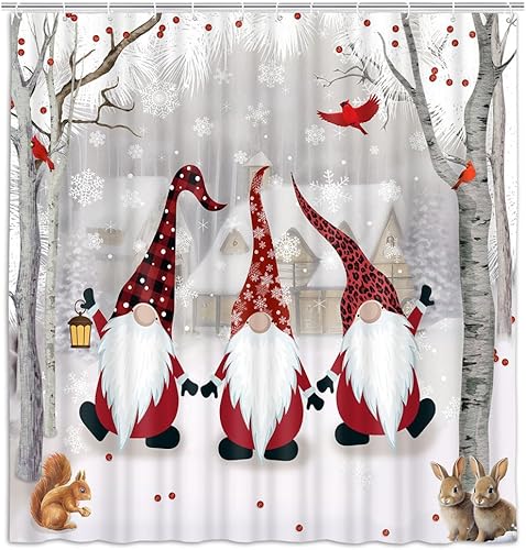 Miniatura 8 de Dongbei Cortina de ducha de Navidad, cortina de baño gris para vacaciones de invierno, árbol de nacimiento de bosque nevado con lindo gnomo
