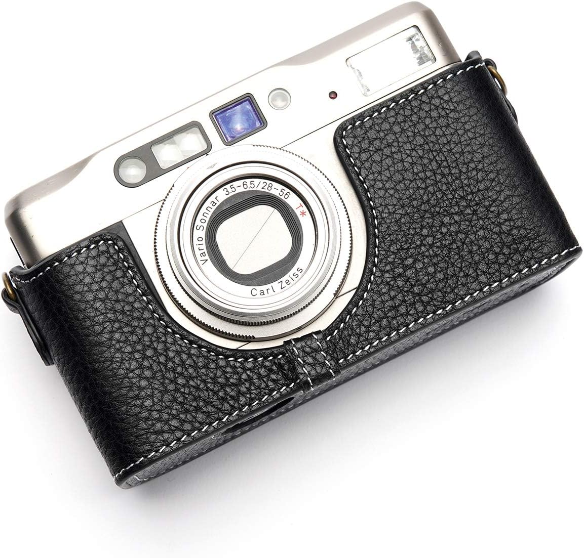 Contax TVS II Case, BolinUS Handmade Genuine Real Leather Half Camera Case Bag Cover for Contax TVS II Camera with Hand Strap (Black)