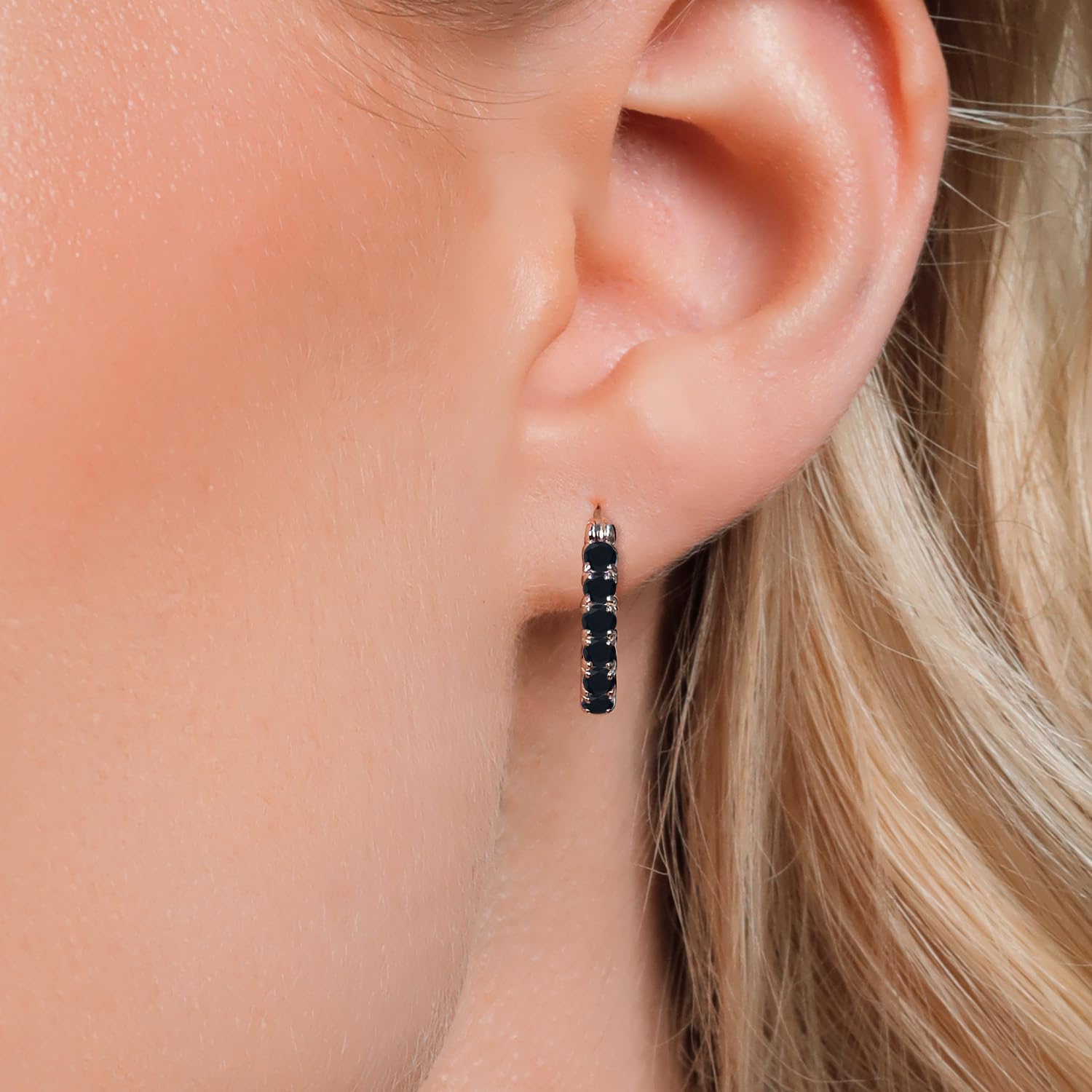 Gem Stone King 925 Sterling Silver Black Onyx Hoop Earrings for Women | 1.20 Cttw | Gemstone December Birthstone | Round 3MM | 22MM = 0.85 Inches Diameter