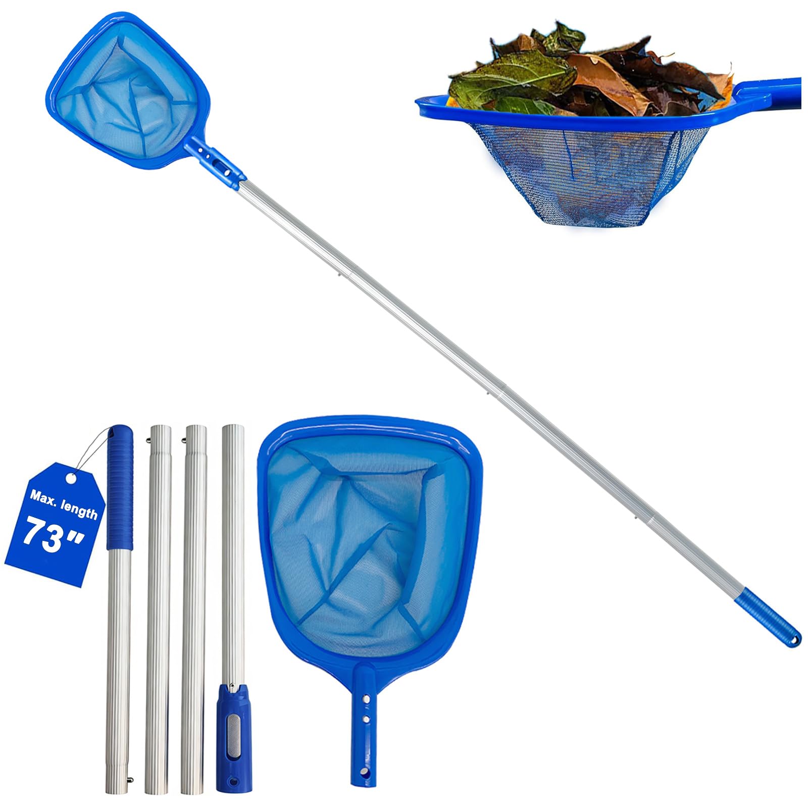 Swimming Pool Skimmer Net, Pool Net with 5 Pole Sections, 10.6" x 48.8" Pool Skimmer Net with Ultra Fine Mesh Net, Telescopic Aluminum Pole, Leaf Rake Net for Fast Cleaning Ponds (4 Pole Sections)