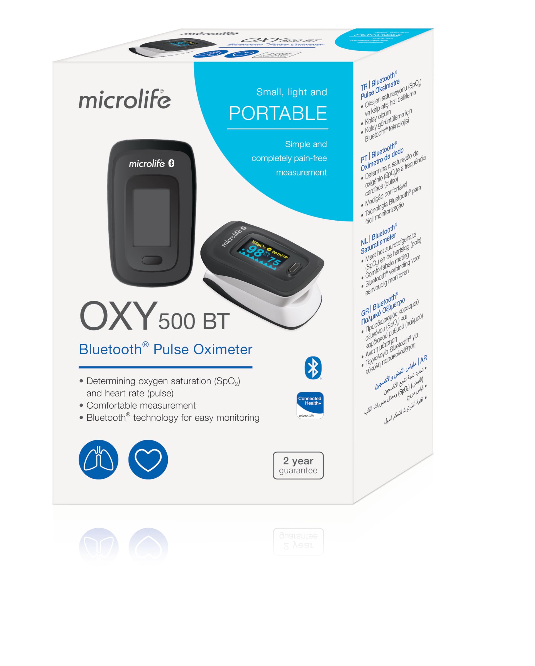 Microlife OXY500 BT Oxymètre Pouls Connecté, Garantie 5 ans, Qualité Professionnelle, Bluetooth, Validé Cliniquement, Saturation en Oxygène (spO2), Alerte risque, Réglage Affichage/Luminosité