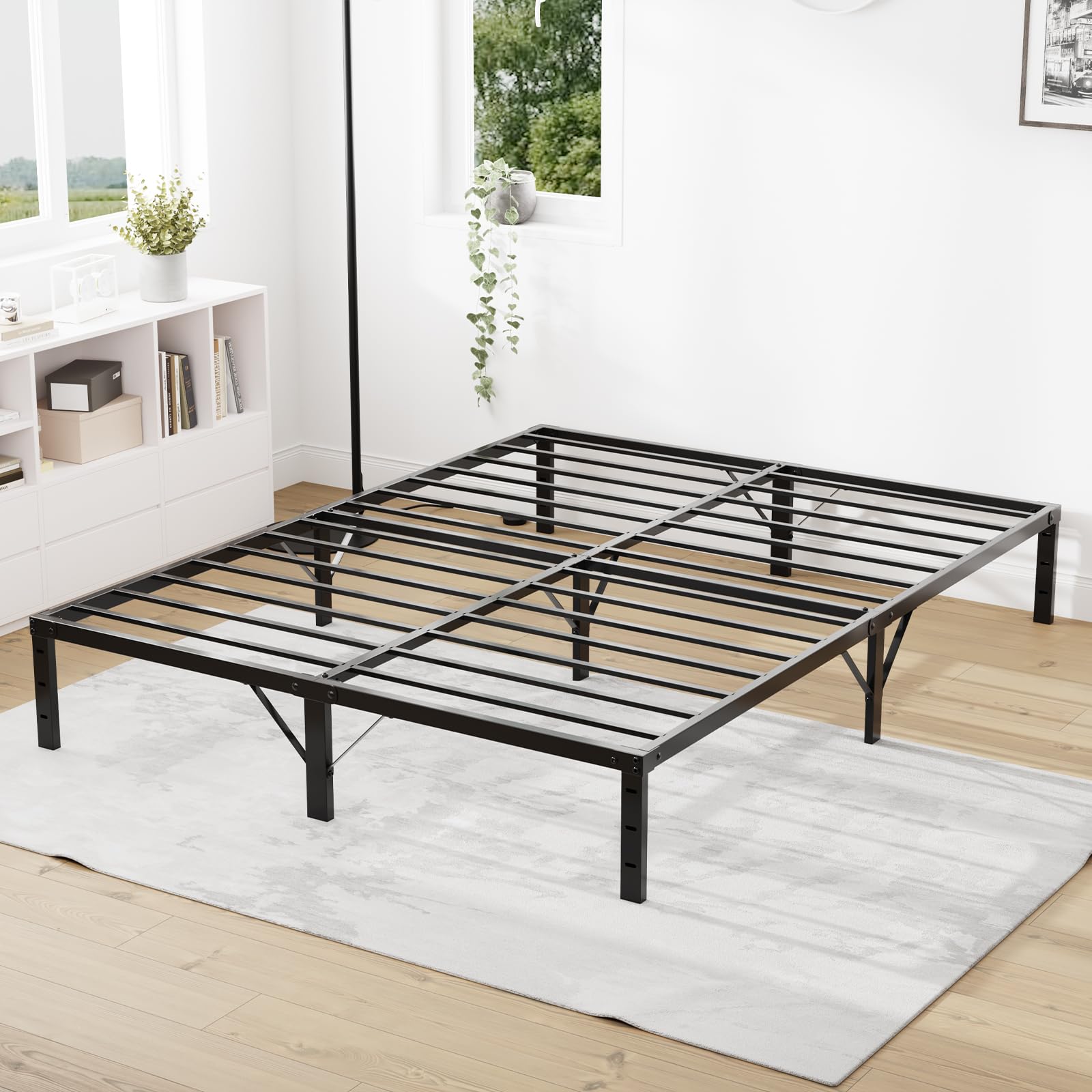 Natulliy Queens Bed Frame Not Box Spring Needed by Metals Platforms with 12'' Underbed Storage, Notise Free and Simplys Setup