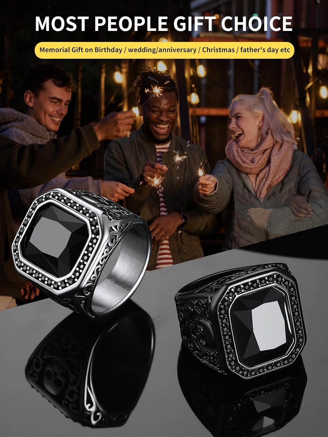 ChainsHouse Mens Black Onyx Rings, Retro X Bone Skull Stainless Steel Signet Rings for Men, Black Onyx Agate Gemstone Rings Jewelry, Offer Custom Service, Size 7-14 - Image 5