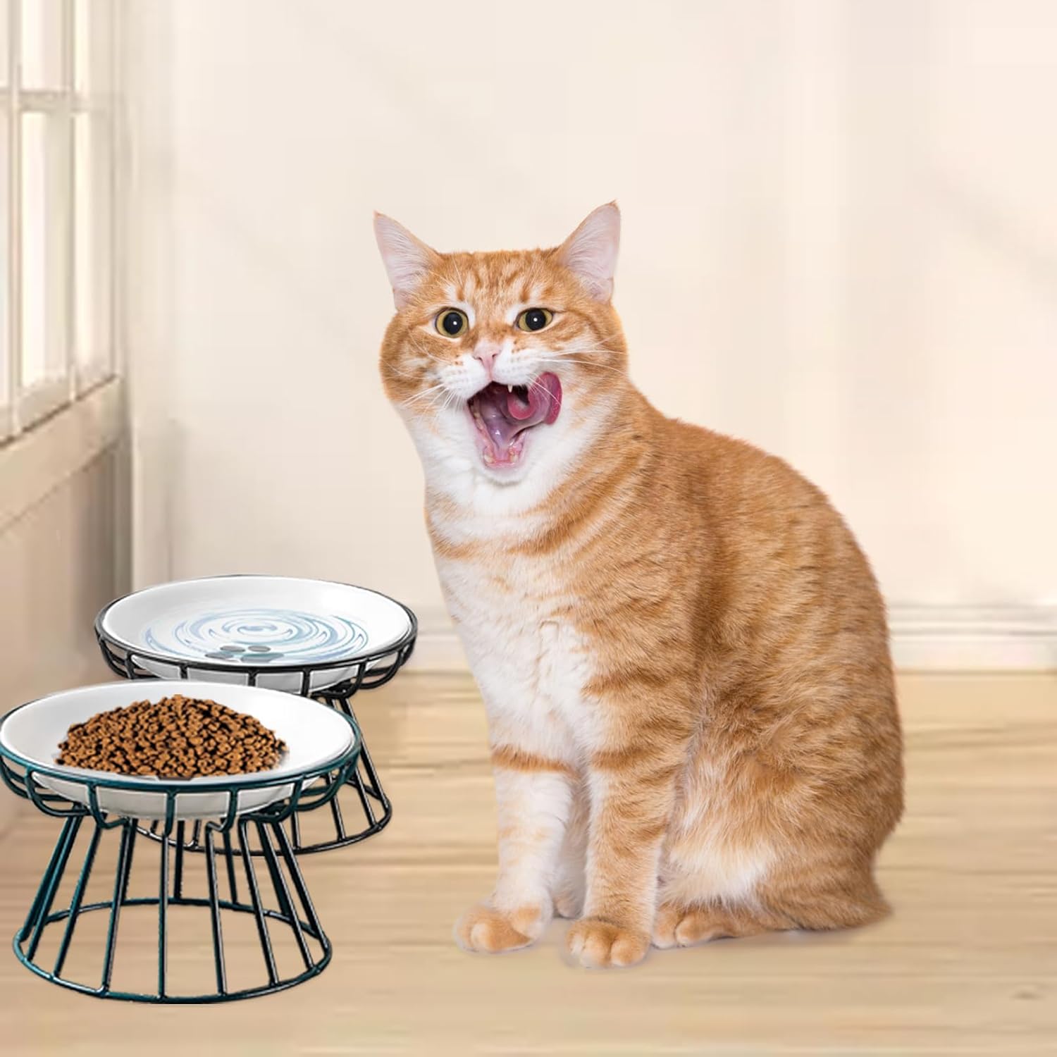 Ceramic Cat Bowls with Metal Stand,2 Pack Elevated Cat Bowl Raised Kitten Food&Water Feeding Shallow Dish for Indoor Cats,Puppies,Small Dogs