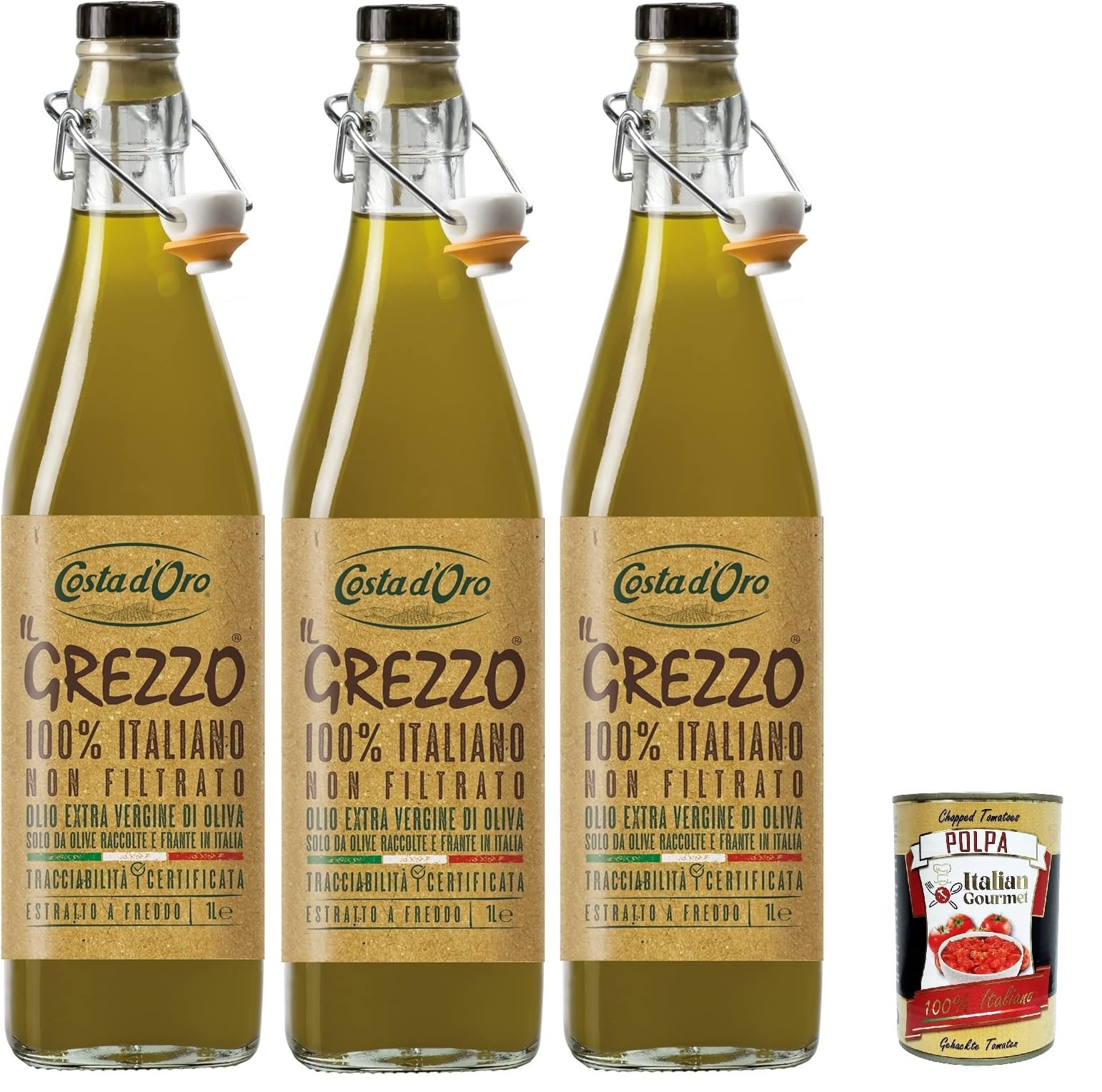 Costa d'Oro Il Grezzo Olio extra vergione di oliva Huile d'olive extra vierge non filtrée et pressée à froid 3 x 750ml + Polpa Italian Gourmet 400 g