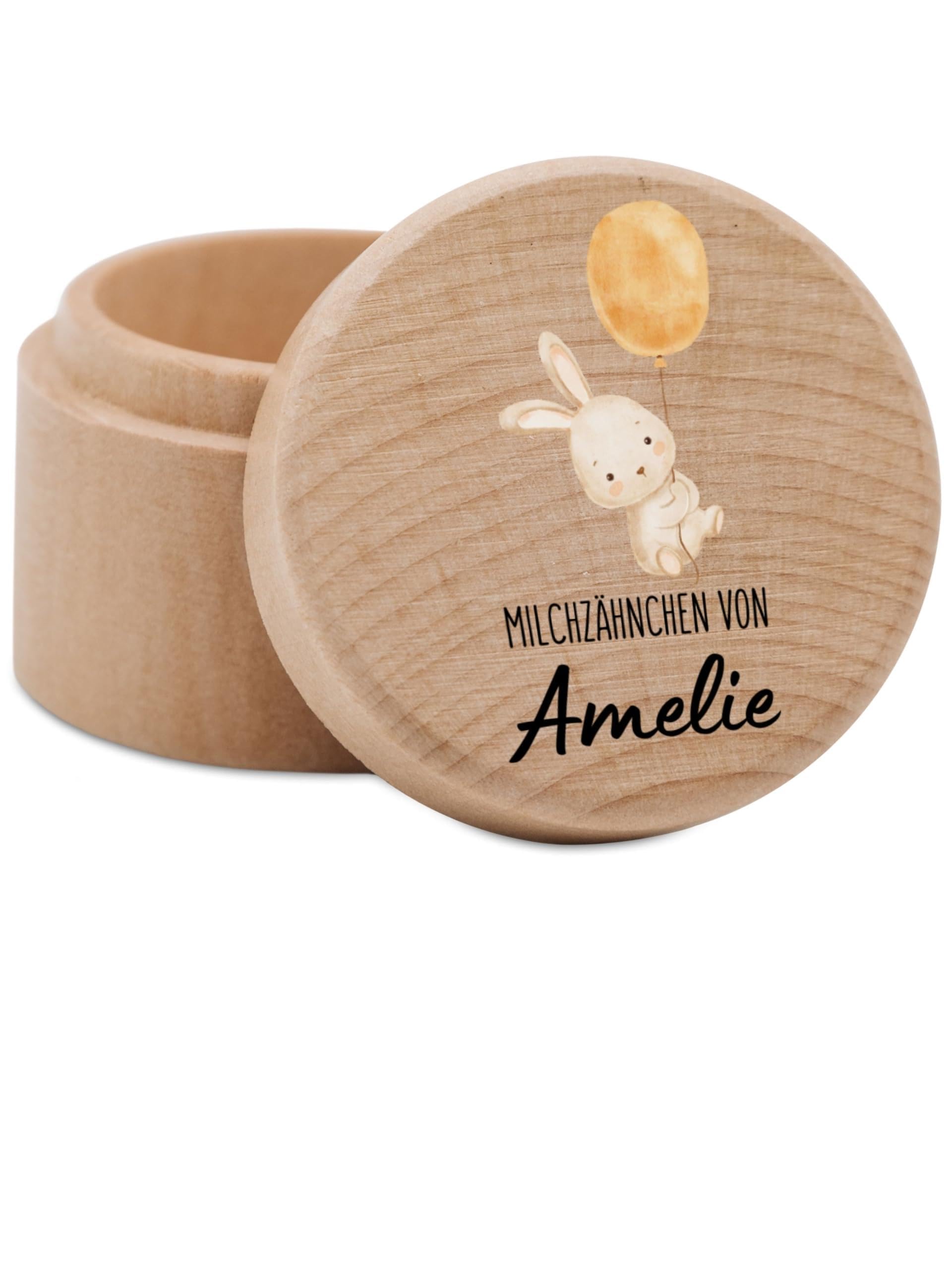 Bärenfreunde - Milchzahndose personalisiert aus Holz mit kinderfreundlichem UV-Druck - Zahndose Milchzähne als Erinnerung an die ersten Zähnchen (Hase Luftballon)