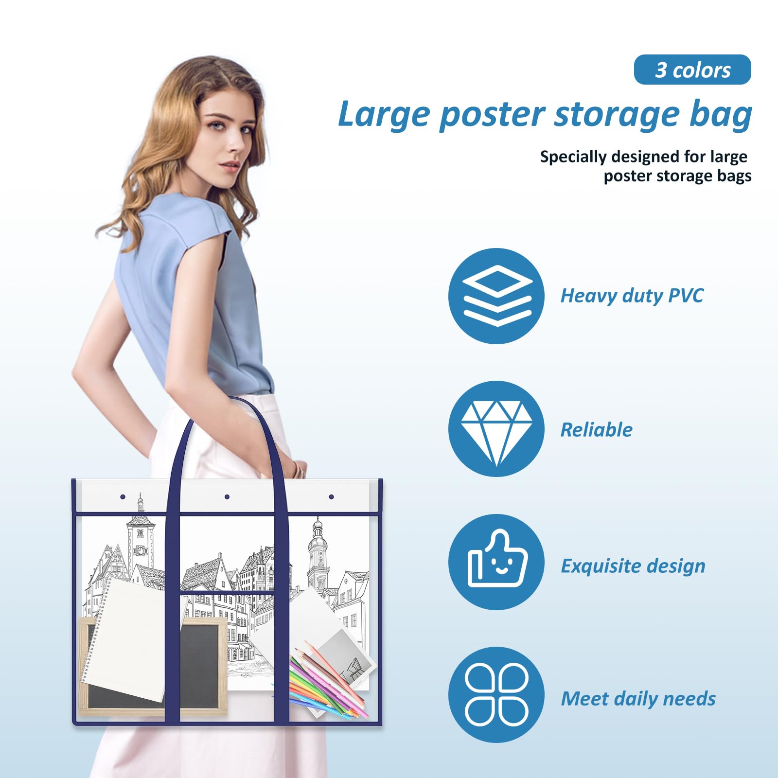 ZJRDYYK 3 Pcs Large Poster Storage Bag, Transparent PVC Bulletin Board Holder with Handle and Pocket, Portable Art Portfolio Container, Multipurpose Poster Bag for Classroom Office Organization