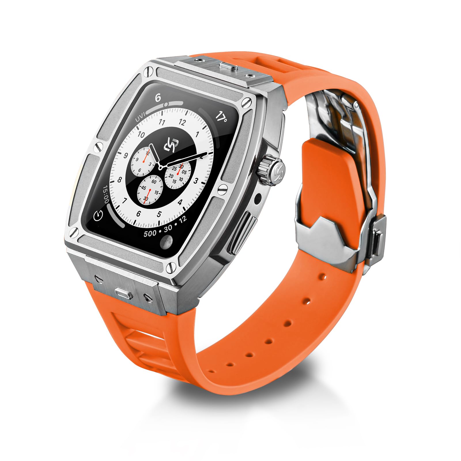 RYUEUYA - Carcasa de acero inoxidable y correa de piel para Apple Watch Series 9, 8, 7, 6 SE, 44/45 mm, funciones tácticas y correa de cambio rápido para iWatch