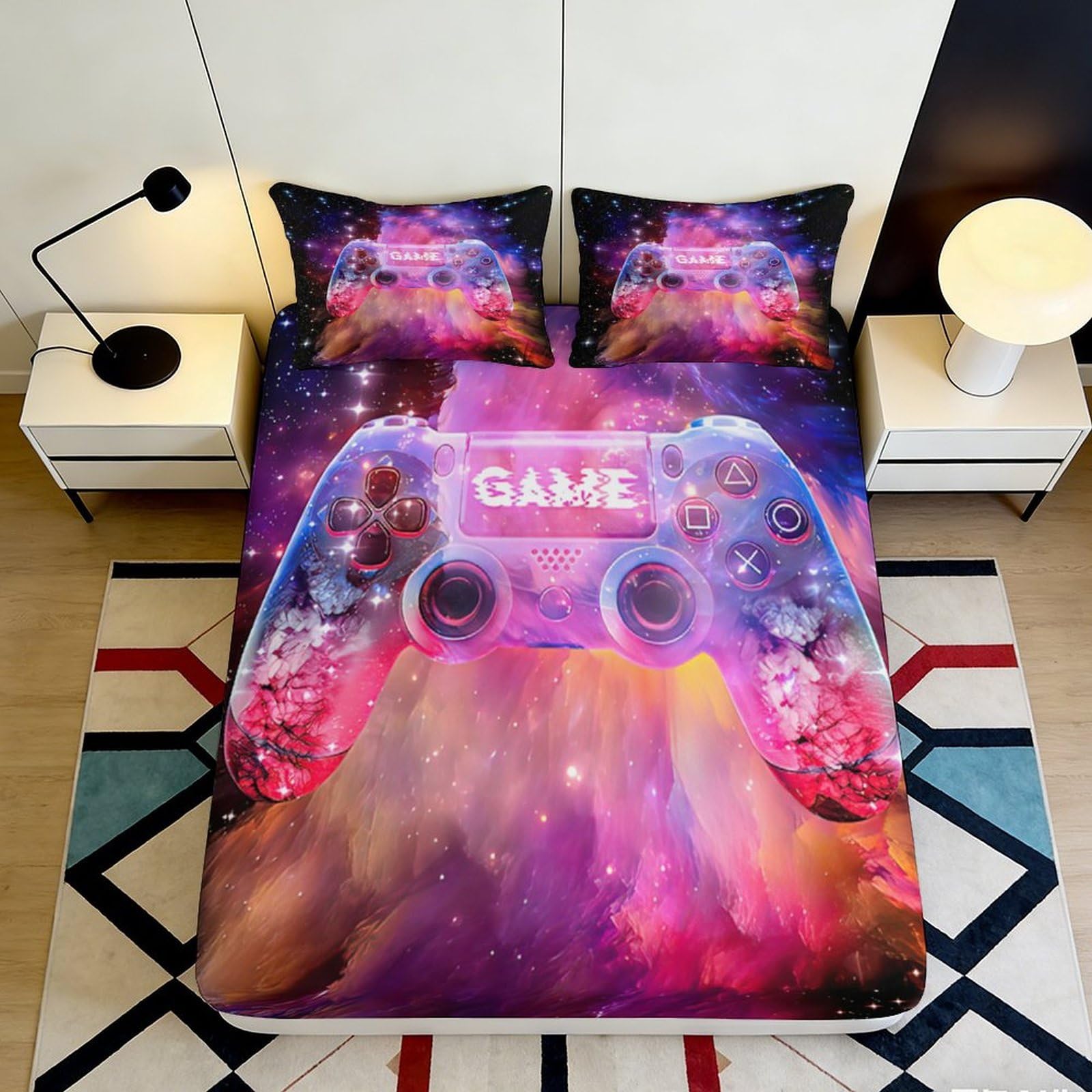 3D Printed Galaxy Controller Fitted Sheet Microfiber 90x200cm Soft Breathable Cosmic Nebula Mattress Cover for Bedroom Dormitory Guest Room 90x200x25cm