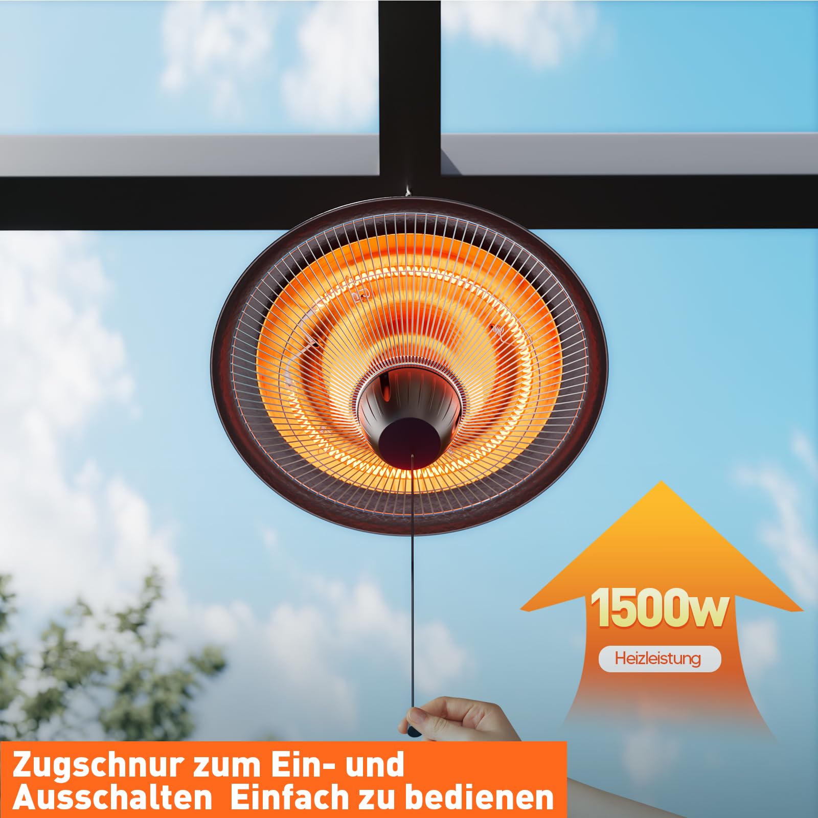 Elektrischer Infrarot Heizstrahler 1500W, Deckenheizung, Hängend für Terrasse & Balkon, Wasserdicht Elektrisch Terrassenstrahler für Innen & Außen, Schwarz