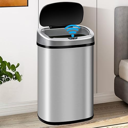 Bote de basura de 13 galones con tapa, botes de basura automáticos para cocina, 50 L, con sensor de movimiento, cubo de basura de acero inoxidable