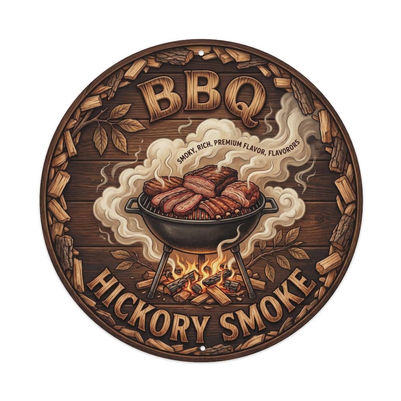 BBQ Barbecue Hickory Smoke Vintage Metal Tin Sign Plaque Wall Decor for Cafe, Club, Garden Round Metal Poster 8x8Inch