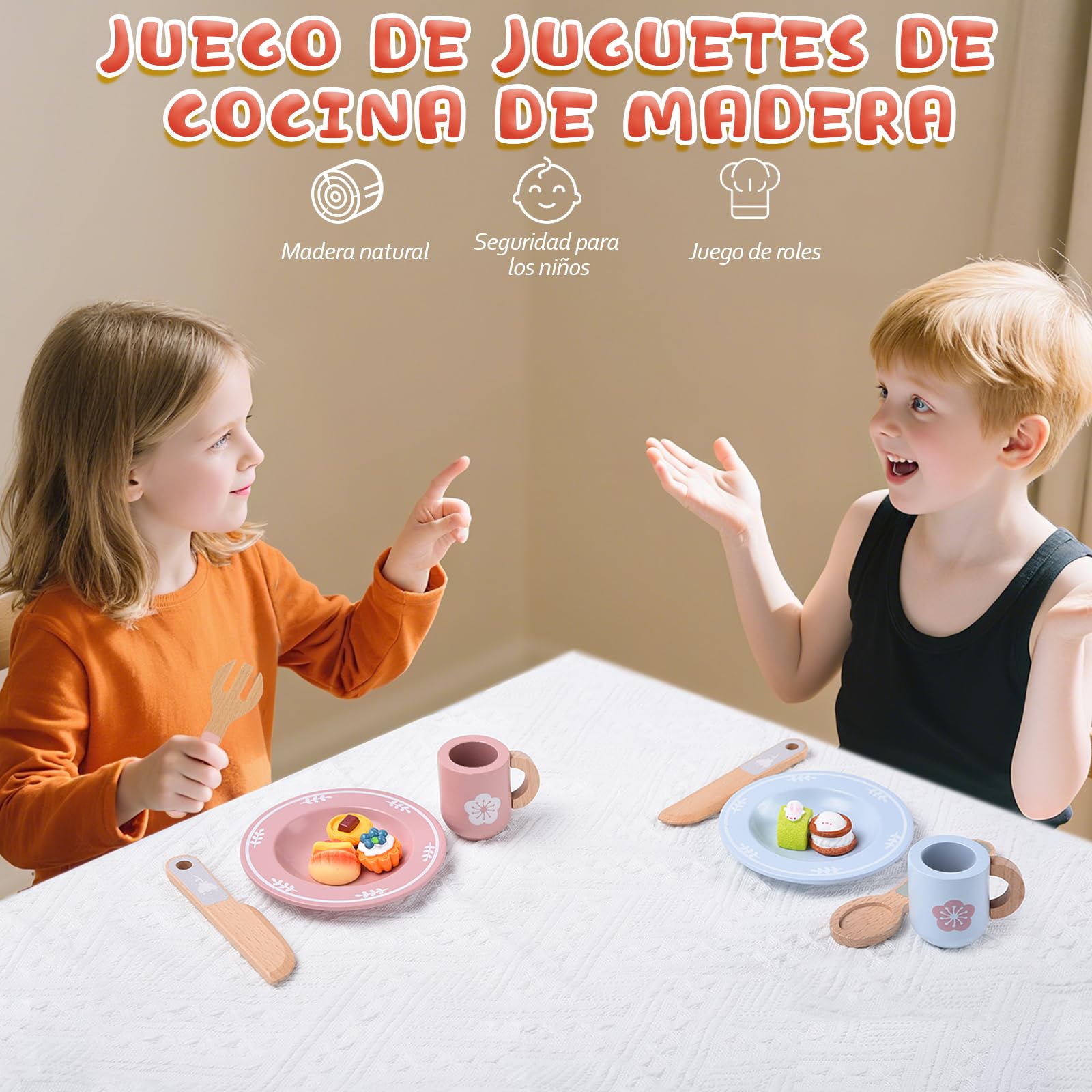 Charmofun Stoviglie Cucina Bambini in Legno, 30 Pezzi Accessori Cucina Bambini di Legno, Cucina Tea Party Regalo per Ragazze Ragazzi 4 5 6 7 8 anni