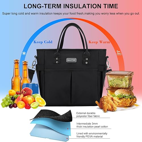 Miniatura 9 de MAXTOP Bolsa de almuerzo térmica para mujer, bolsa de almuerzo grande con correa ajustable para el hombro, 4 bolsillos exteriores para oficina,