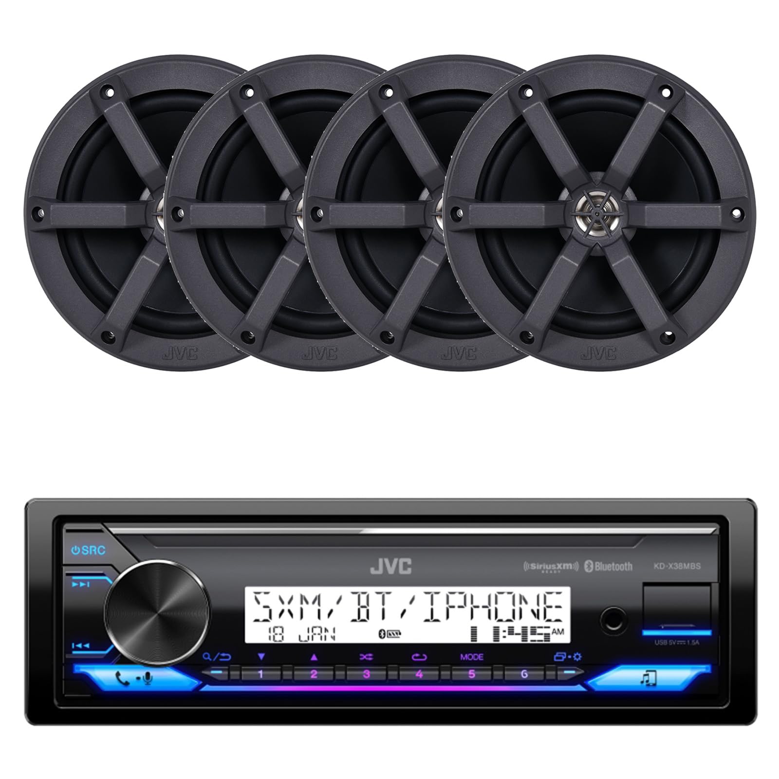 JVC KD-X38MBS Single DIN Marine Motorsports USB Bluetooth AM/FM Stereo Receiver with 4X CS-MS620 6.5