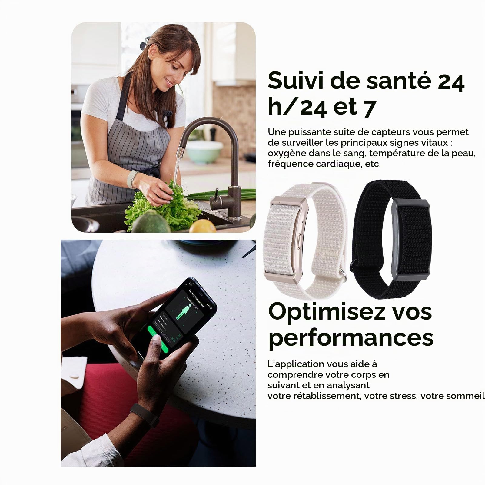 Sxhlseller Smart Bracelet Fitness Tracker avec Surveillance du Sommeil, Fréquence Cardiaque, Température, Bracelet de santé en Nylon Imperméable 1ATM pour Hommes Femmes, Longue Durée de Vie (Black)