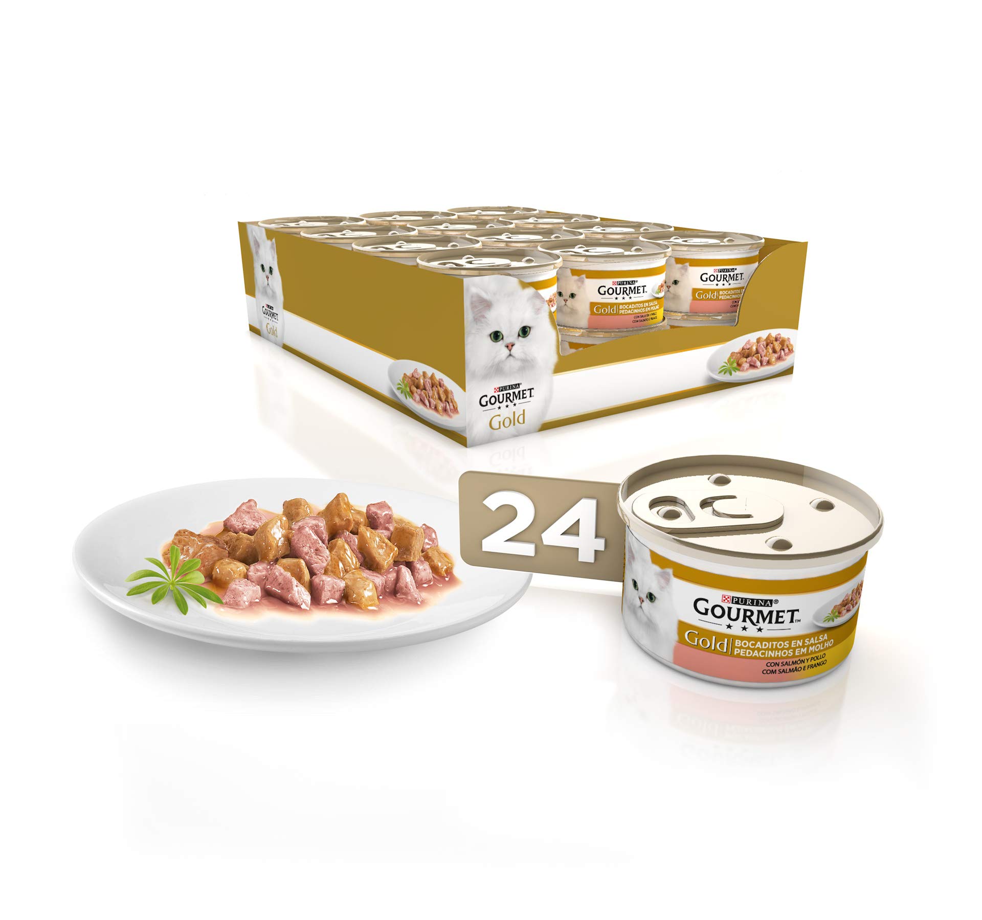 Gourmet Gold Bites in Sauce, Wet Adult Cat Food, Chicken and Salmon in Sauce, Pack of 24 85g Cans