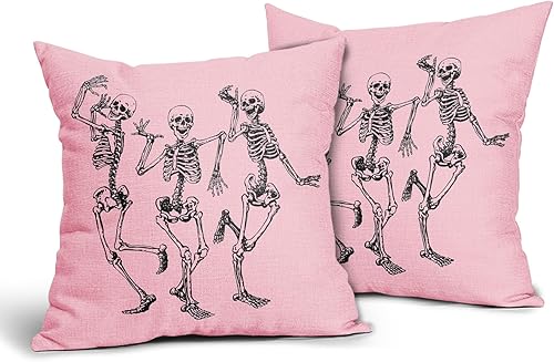 Fundas de almohada de calavera de Halloween de 16 x 16 pulgadas, juego de 2 fundas de almohada decorativas de esqueleto divertido vintage, fundas de