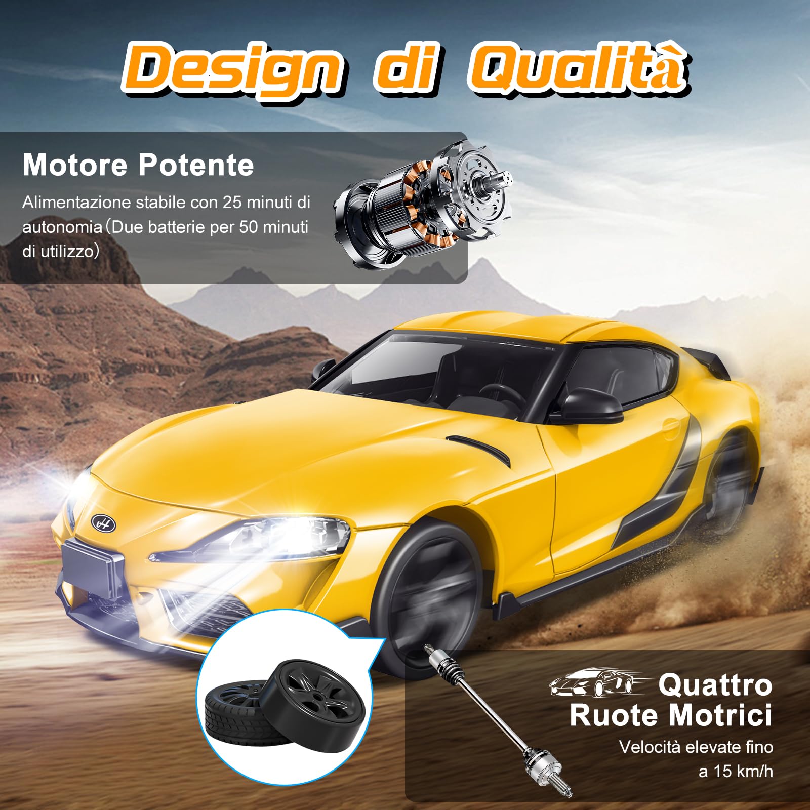 BuzzoXerex RC Drift Car, Mini Macchina Telecomandata Drift, 1/24 4WD Auto Telecomandata con Luce LED, 18km/h, Auto Giocattolo per Adulti e Bambini di Età Superiore agli 6 Anni (Giallo)