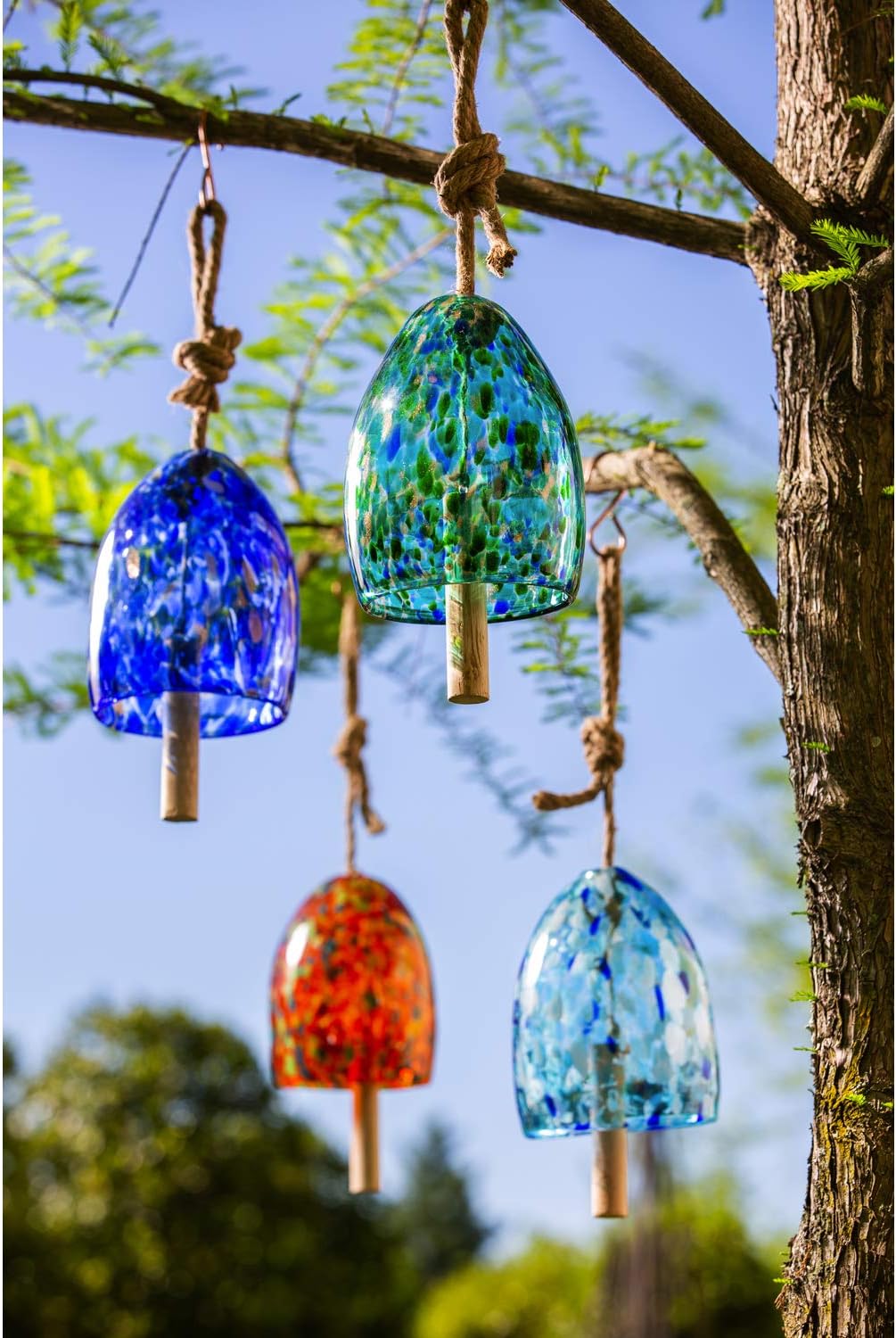 Evergreen Colorful Art Glass Wind Chime | Turquoise Blue| Solid Wood Striker | Natural Deep Tone | 8 Inches Tall | Beautiful Gift for Patio, Garden, Outdoor Home décor