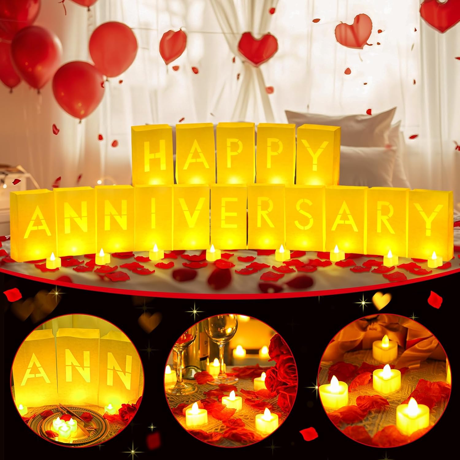 Happy Anniversary Light Up Letters with LED Heart Flameless Tealight Candle Red Rose Petal Letter Luminary Bag for Decoration Birthday Supplies Romantic Night Party