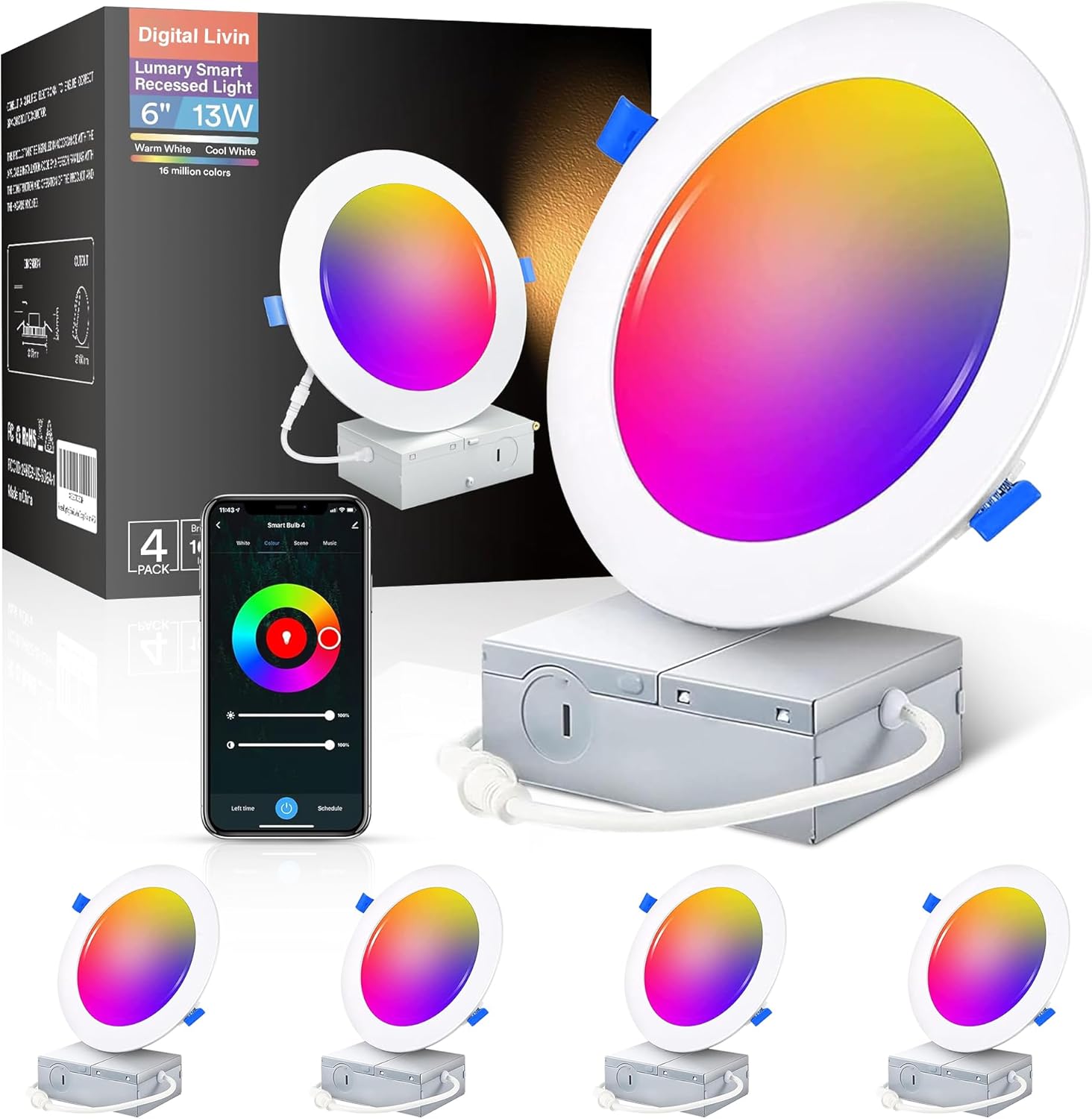 Smart Recessed Lighting: 4 inch 4 Pack WiFi Enabled, Color Changing, RGB Dimmable Ceiling Light with Easy Install Junction Box