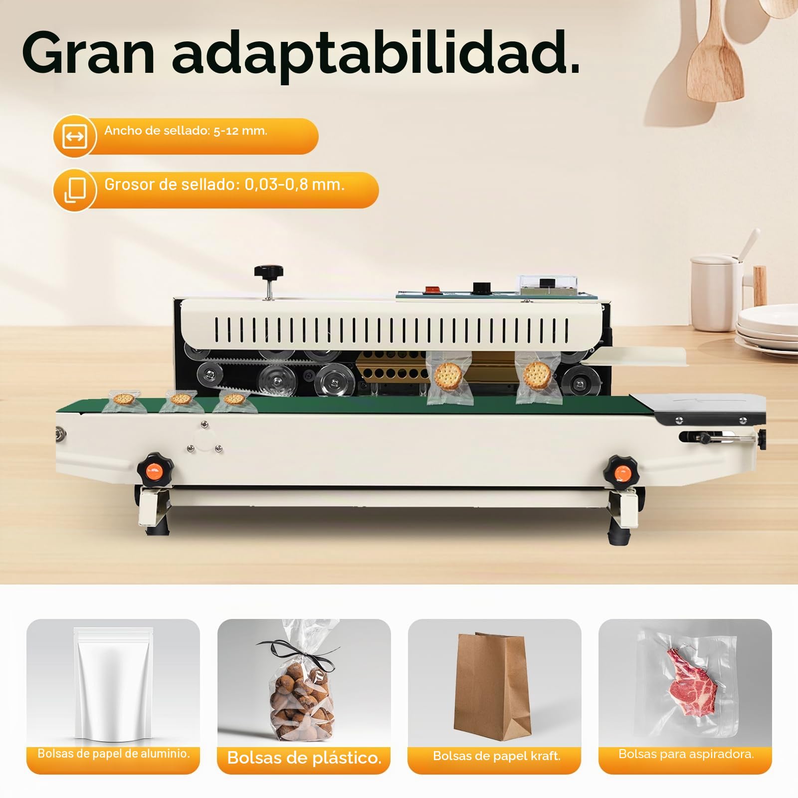 Berkalash Sellador automático de banda continua, 0-12 m/min, velocidad de sellado continuo, bolsa FR-900, se adapta a la máquina de sellado térmico de bolsas de plástico de 220 V 500 W