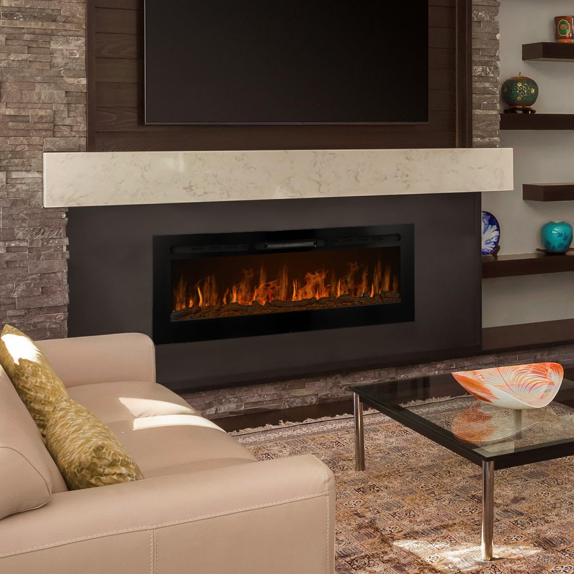 Camino Elettrico da Incasso o Indipendente, 12 Colori di Fiamma Variabili e Luminosità Regolabile con Telecomando Sassolini e Cristalli e Effetto Tronchi 950W 1850W 15-35 Gradi - 50 Pollici