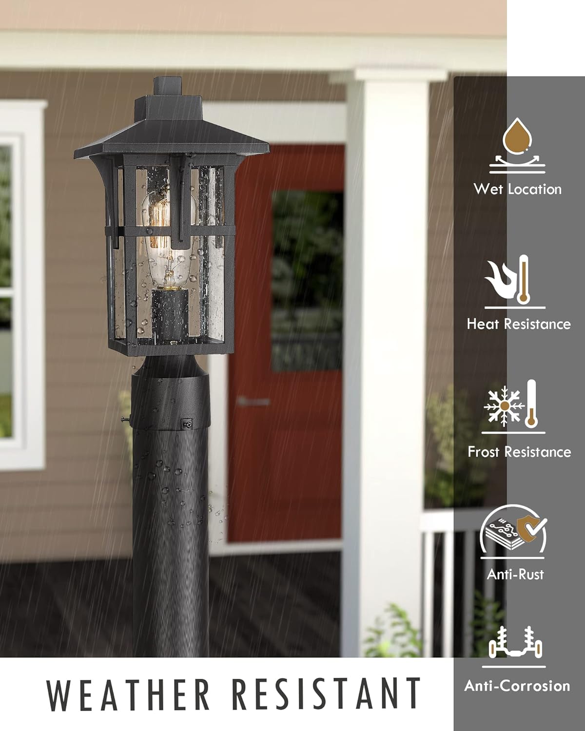 Outdoor Post Light Fixtures, HWH Exterior Pillar Light 2 Pack, Industrial Pole Lamp in Matte Black Finish with Seeded Glass, 5HX62P-2PK BK