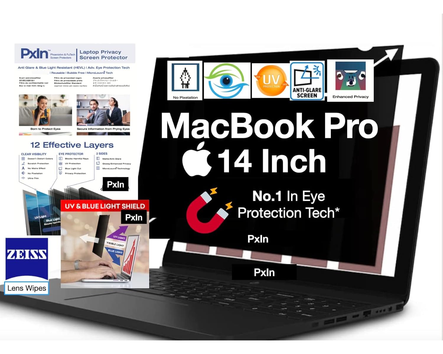 PxIn 14 Inch Macbook Pro Magnetic Privacy Screen Filter - No Eye Strain | Anti Blue Light + Anti Glare | No Dry Eyes | Privacy Screen Protector (B09Y3N7KDZ) Amazon Price History, Amazon Price Tracker