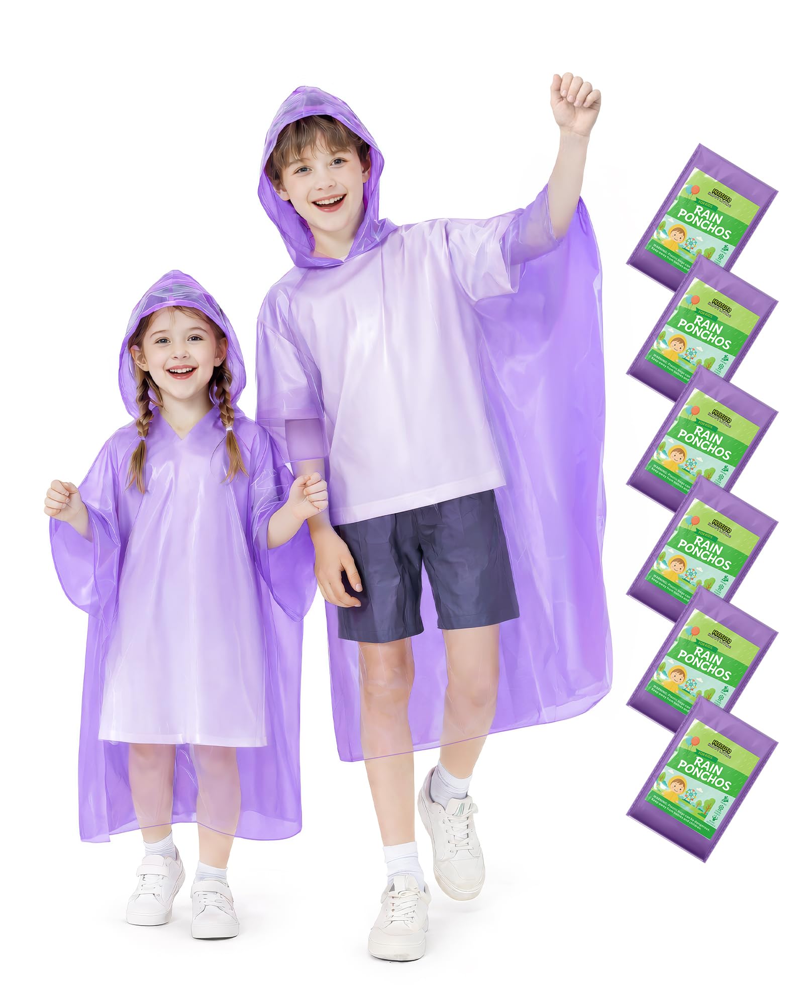 Hitituto Rain Ponchos Family Pack Kids– 6/12/24 Pack Disposable Poncho with Hood, Clear &amp; Assorted Colors, Home Survival Kits