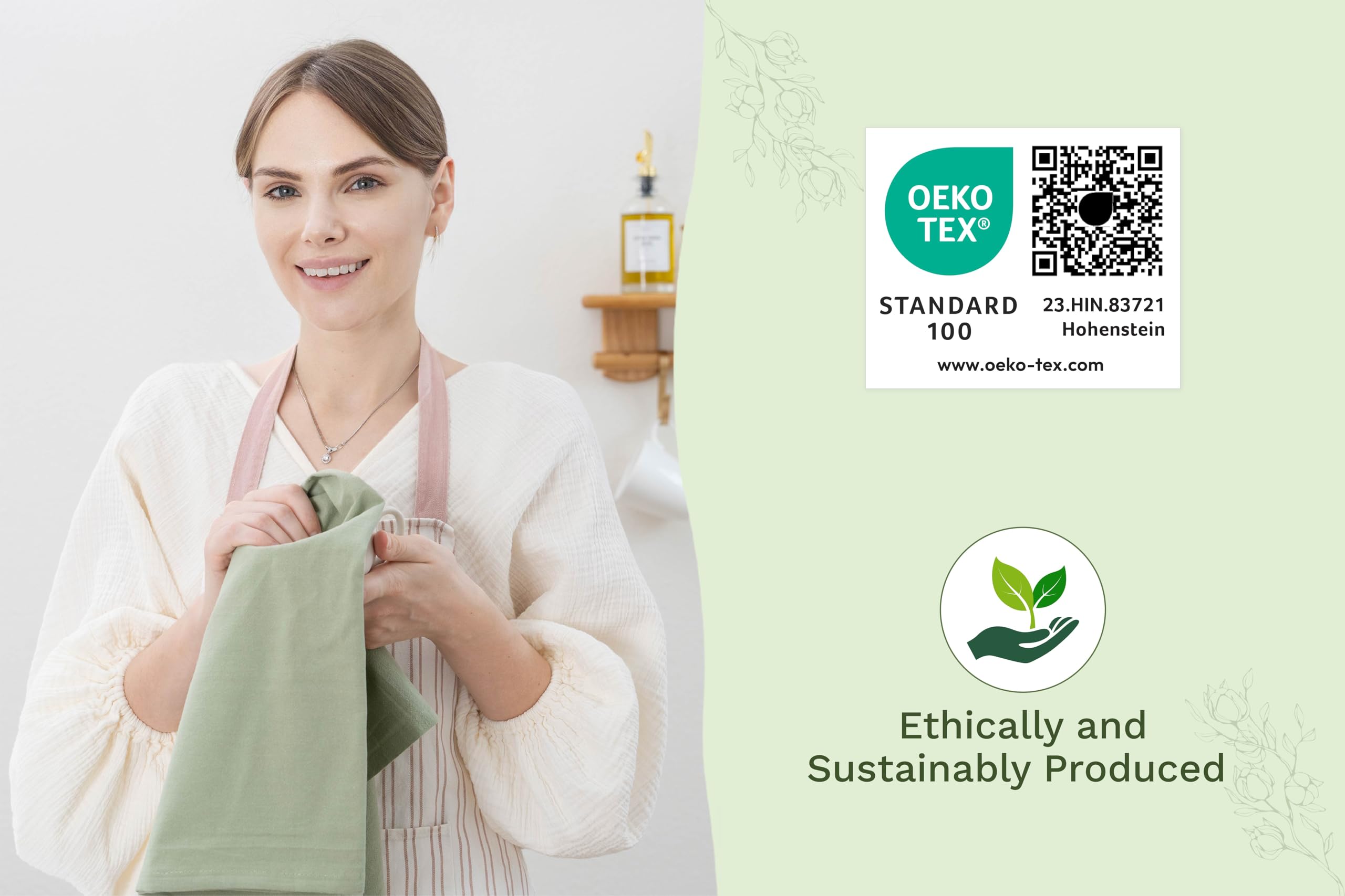 Ręczniki kuchenne z bawełny organicznej, wysoce chłonne, niemechacące się ręczniki do naczyń, do pieczenia, do kuchni i osuszania naczyń, 100% bawełna, 68 x 68 cm, szałwiowa zieleń,10 sztuk