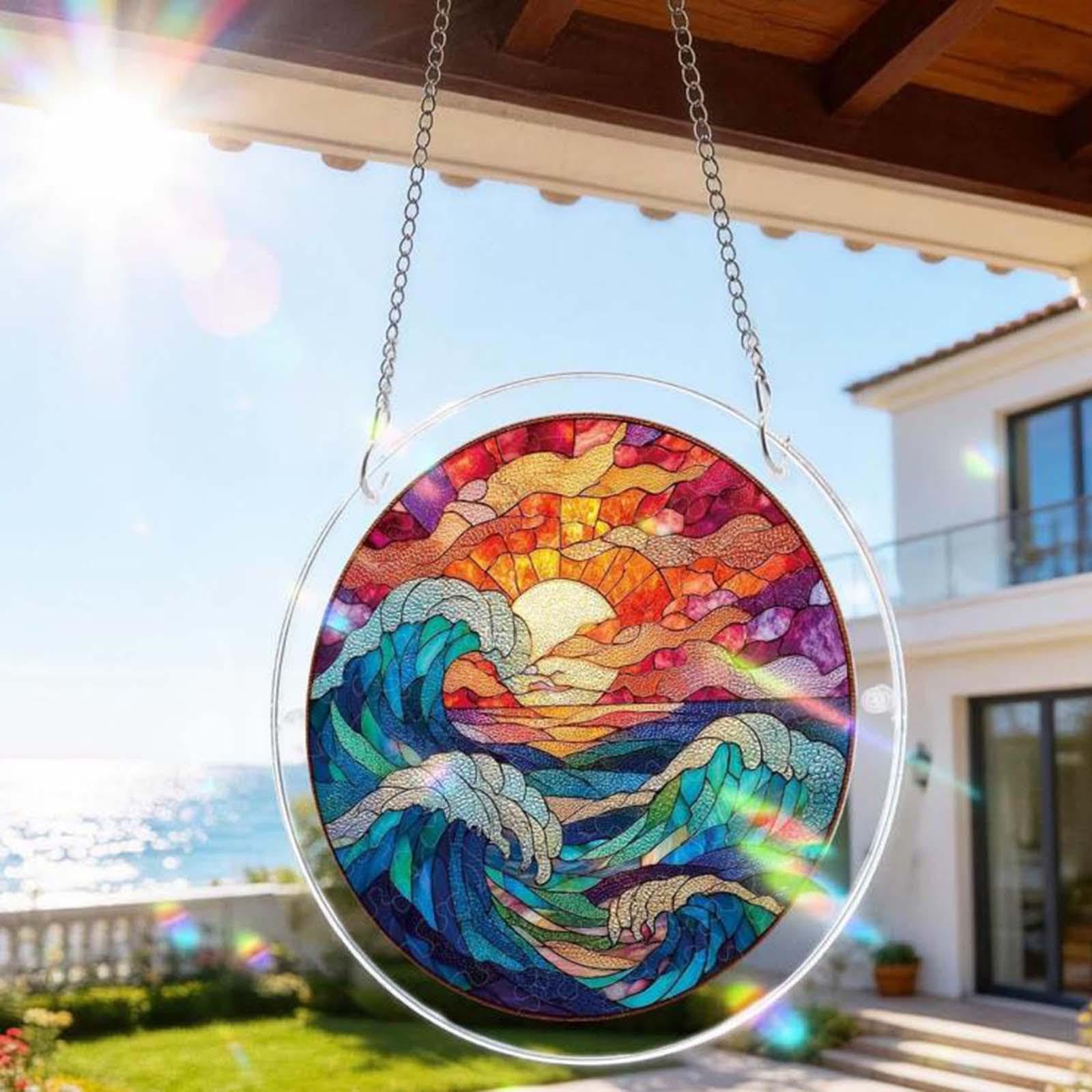 Acrylic Jigsaw Puzzle Suncatcher, Tree of Radiant Glass Puzzles – Jigsaw Puzzle Ornament for Doors Garden, Mother's Day Christmas Birthday Gifts for Women Men (Orange Ocean)