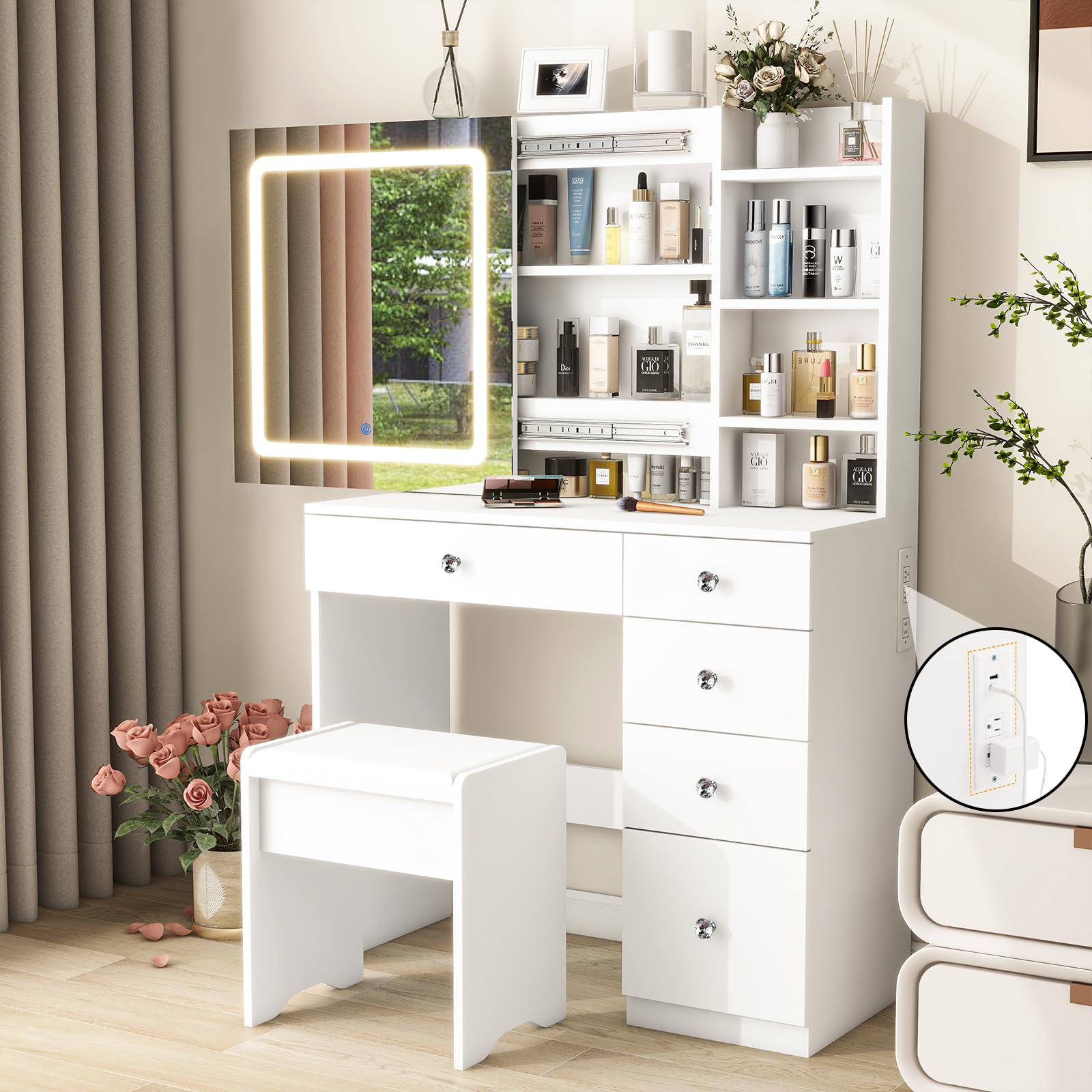 Makeup Vanity Desk with Sliding Mirror and LED Lights & Charging Station, 35.4" White Vanity Table Set with 5 Drawers & 7 Shelves,3 Light Modes, Dressing Table for Bedroom,Stool Include, White