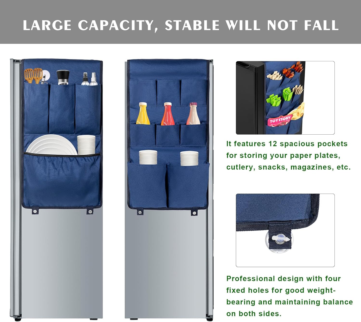 Mini Fridge Organizer with 12 Pockets, Smart Dorm Mini Fridge Accessories, Over the Fridge Caddy Organizer for Daily Stuff, Blue