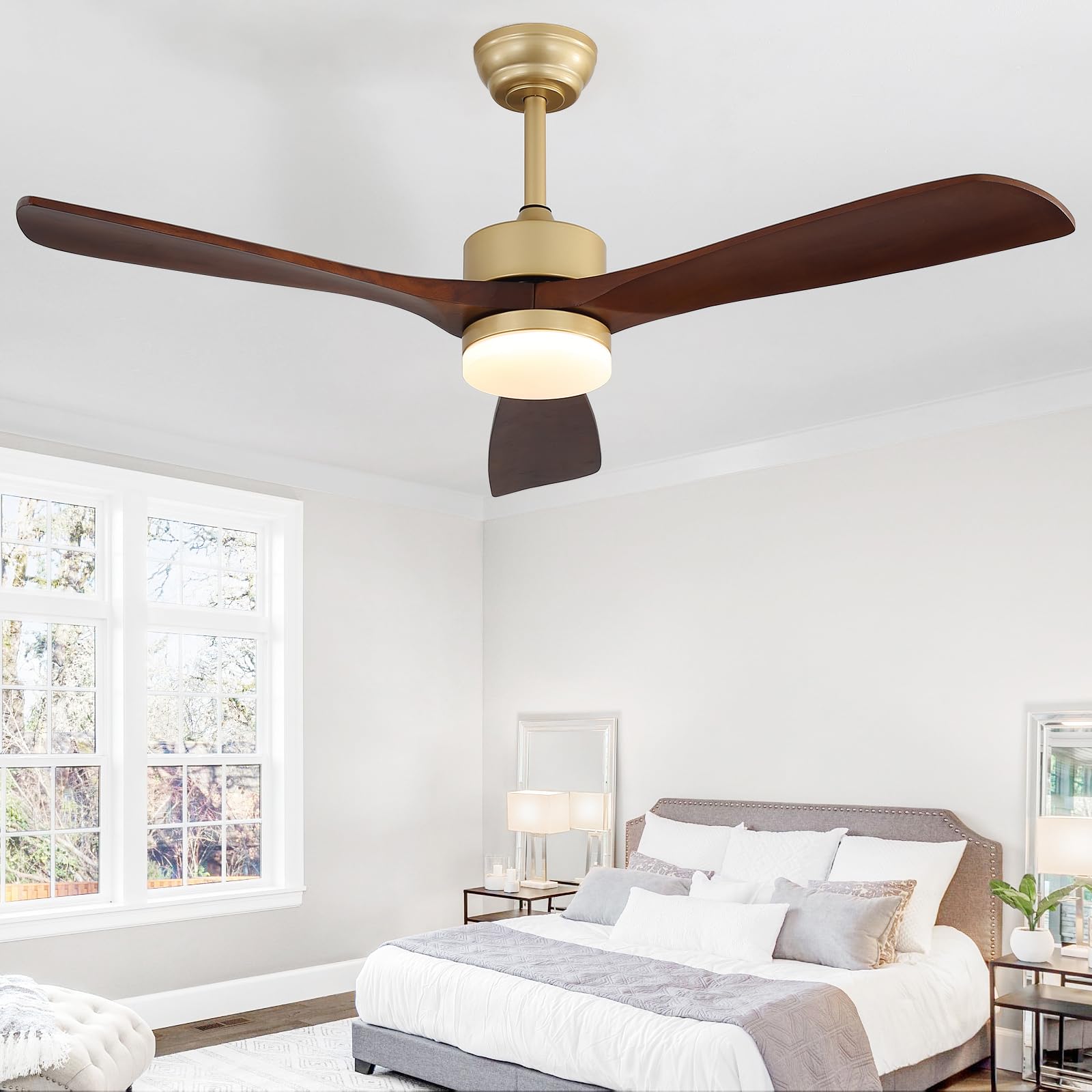 Mikeru 52Inch/132cm Ceiling Fan with Light and Remote Control, 6 Speed Settings, Timer, Dimmable 3000K/4000k/6000K, Silent Reversible DC Motor, Wooden Blades for Bedroom Living Room Dining Room